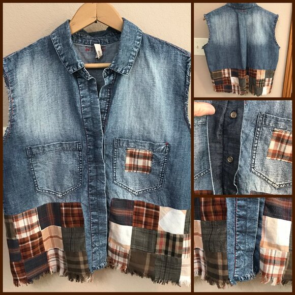 Sleeveless Patchwork Denim Shirt, Small: Upcycled Plaid Artsy Top with Fringe - Picture 10 of 10